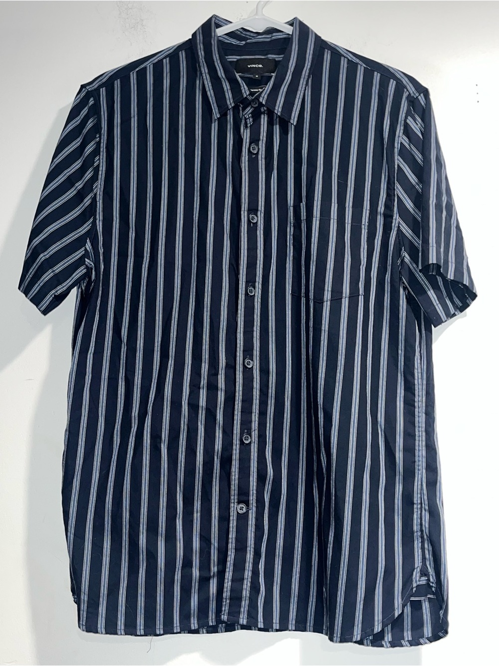 VINCE Classic fit short variegated bar stripe button down in Navy